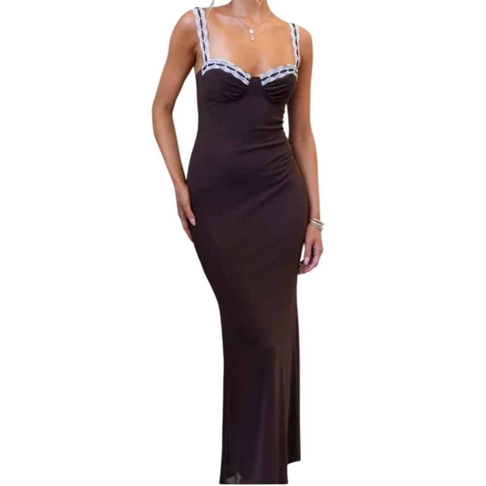 Saints & Secrets Lace Trim Y2K Forest Fairy Slip Maxi Dress Size‎ Medium Coffee